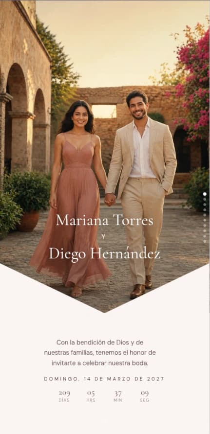 Invitación digital de boda tipo historias, vista en un teléfono