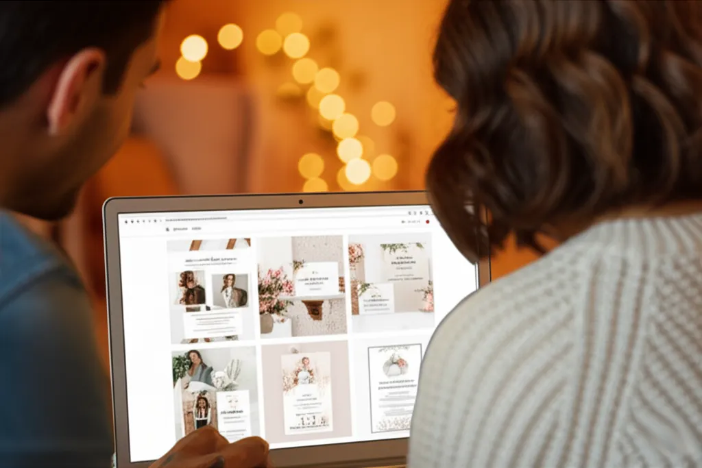 pareja eligiendo plantilla ideal para su invitación de boda digital en laptop